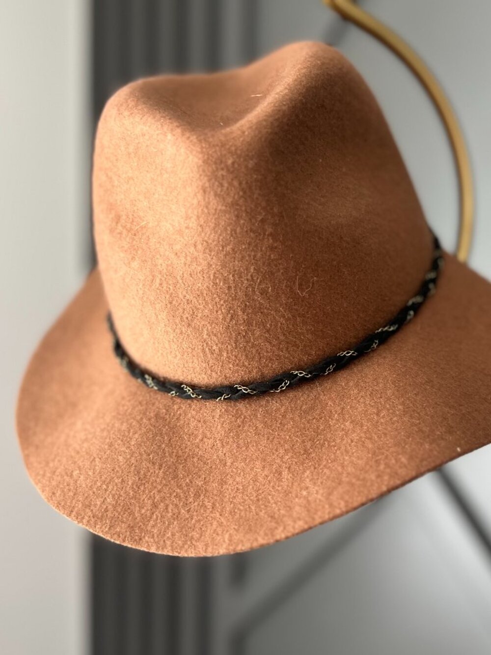 Women's wool fedora in brown with black braided trimming band
